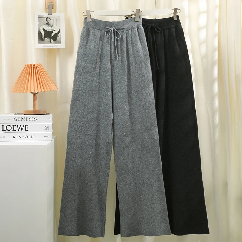 

2022 spring and summer bow tie elastic waist thin wide leg pants women's new style loose knit straight pants