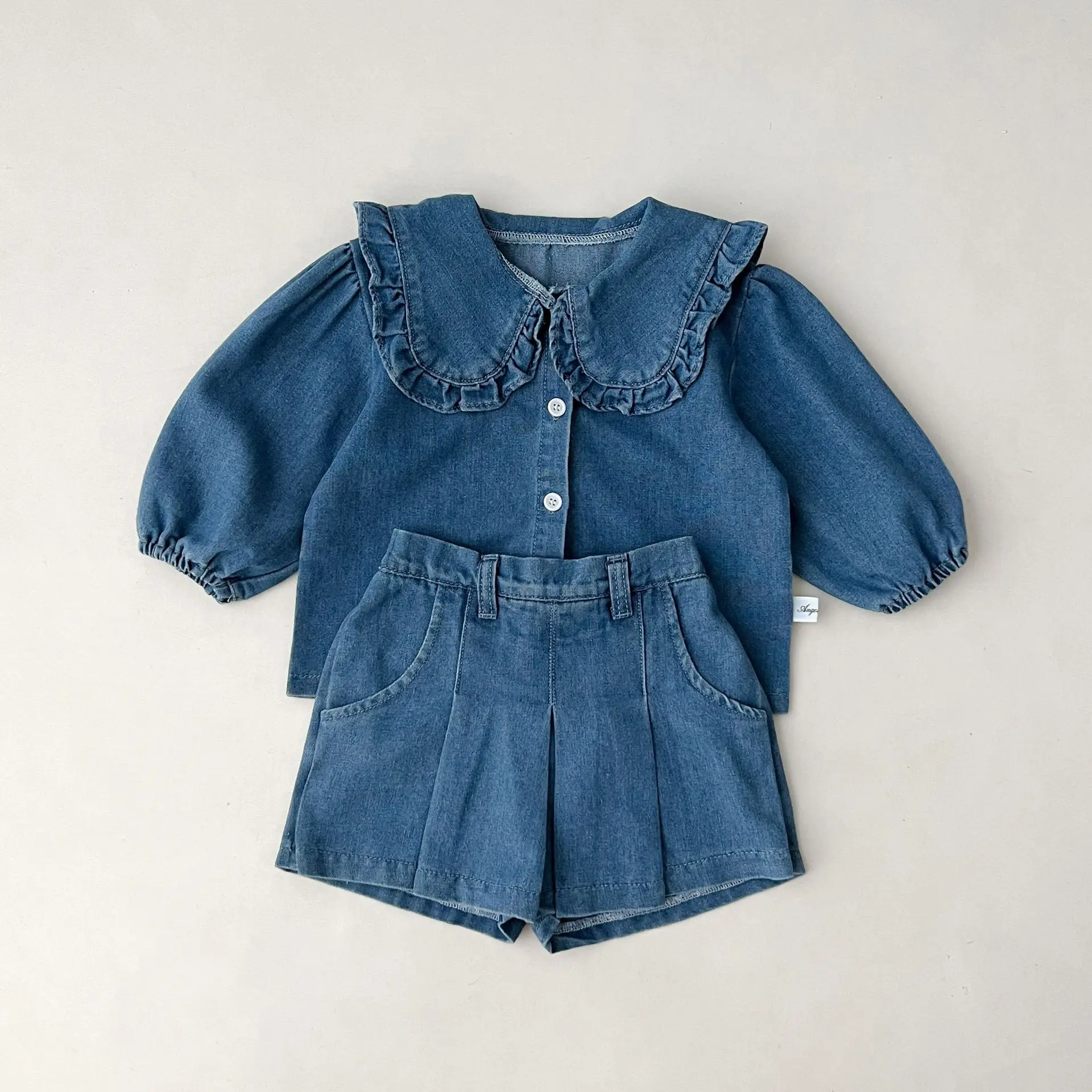 Solid Denim suit baby spring  autumn long-sleeved denim shirt jacket trousers two-piece baby boys girls Simple Casual 2PCS 5