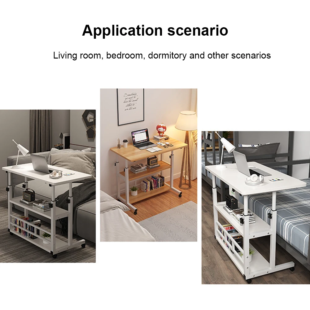 Height Adjustable Computer Desk with Rolling Wheels Mobile Rolling Study Table Wooden Laptop Table Storage Shelf for Home Office