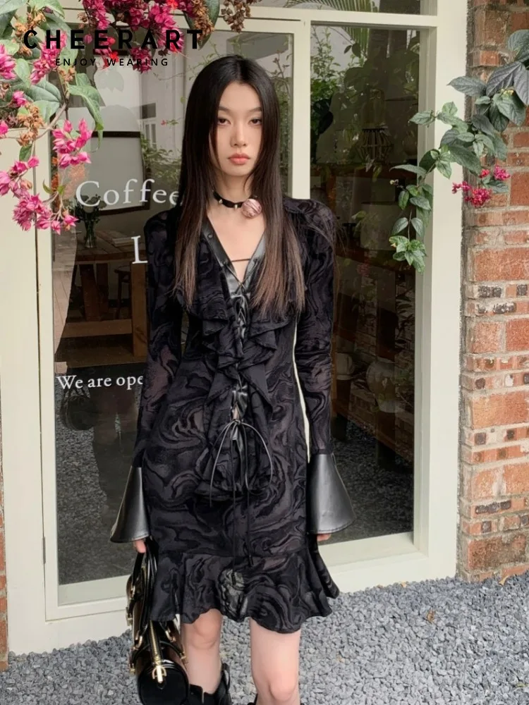 

CHEERART Designer Bandage Ruffles Long Sleeve Short Dress For Women V Neck Flare Sleeve Black A Line Mini Dress Luxury