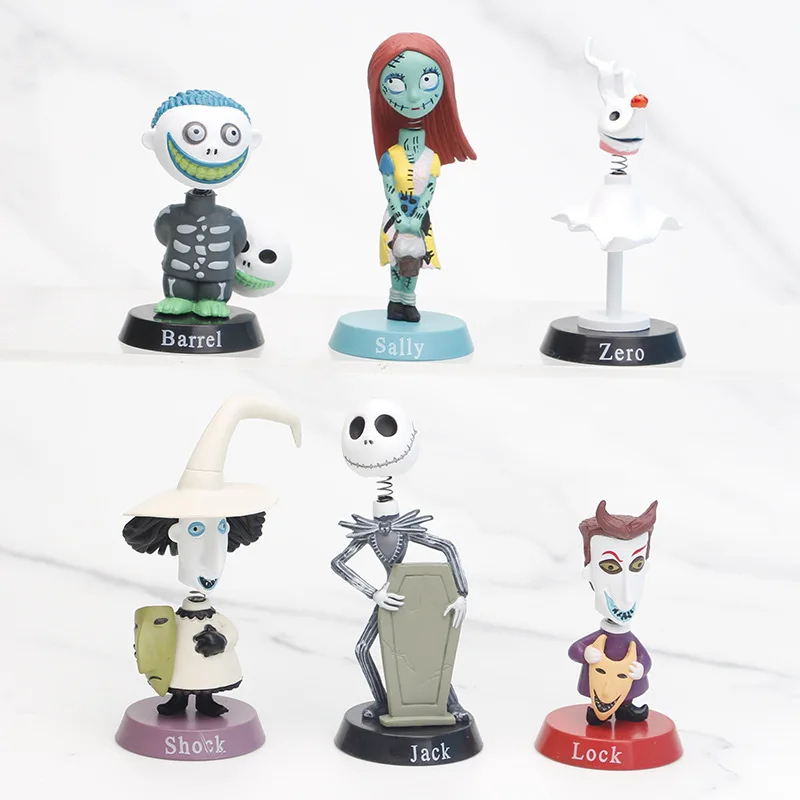 7Cm 6 Pz/Lotto Disney Movie Nightmare Before Christmas Jack Skellington Sally Lock Bobble Head Pvc Action Figures Model Toy Doll