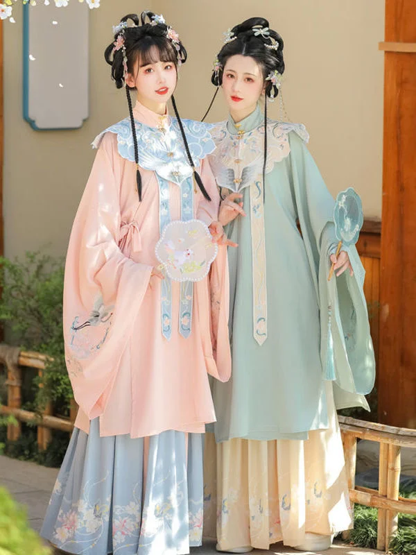 

Hanfu Female Chinese Style Ming Dynasty Cloud Shoulder Stand Collar Long Shirt Pleated Dress Ancient Costume Fairy Elegant Suit