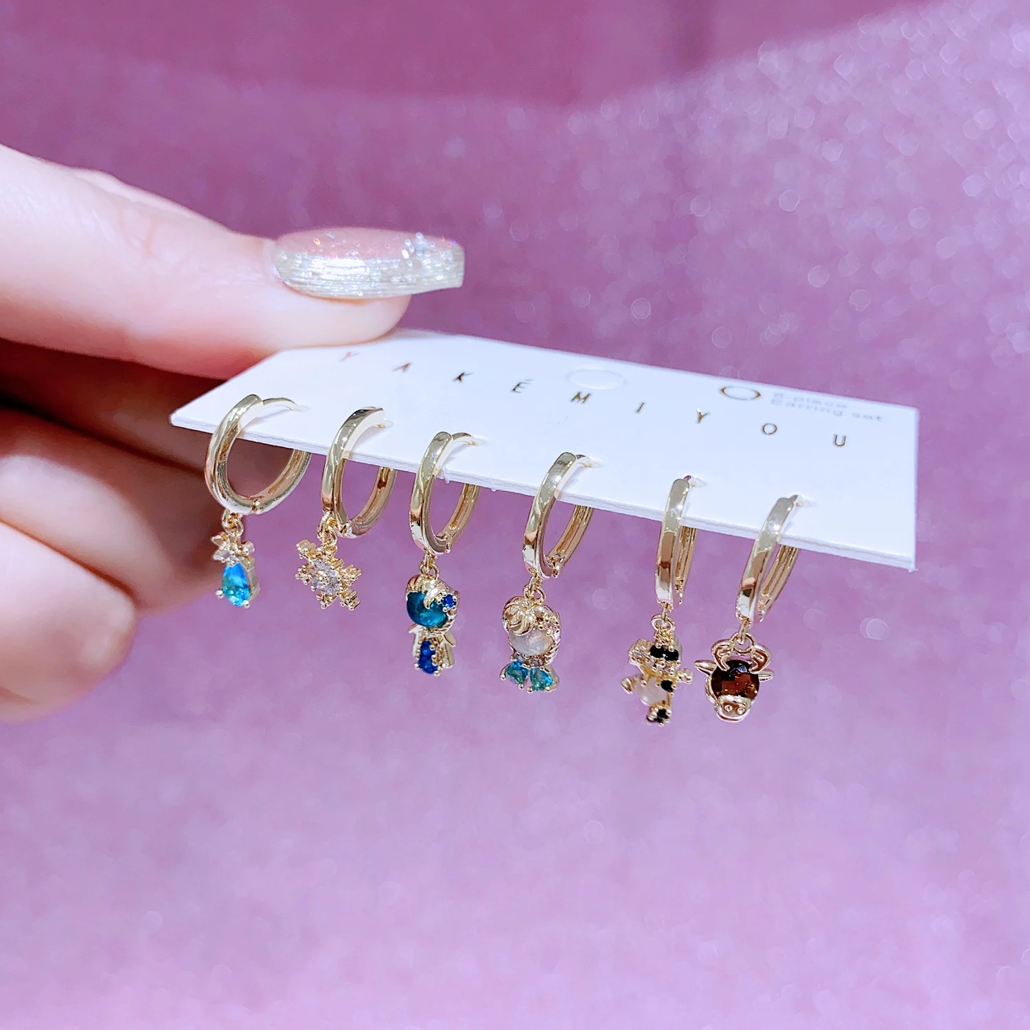 MIGGA 6pcs Fairy Tales Frozen Princess Dangle Earrings Set Gold Plated Huggie Earrings Women Jewelry 3