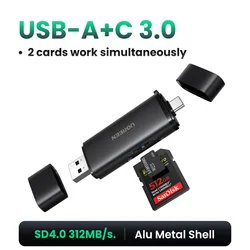 UGREEN Dual USB Card Reader for SD and MicroSD Memory Cards (2 - in - 1 Metal SD4.0)