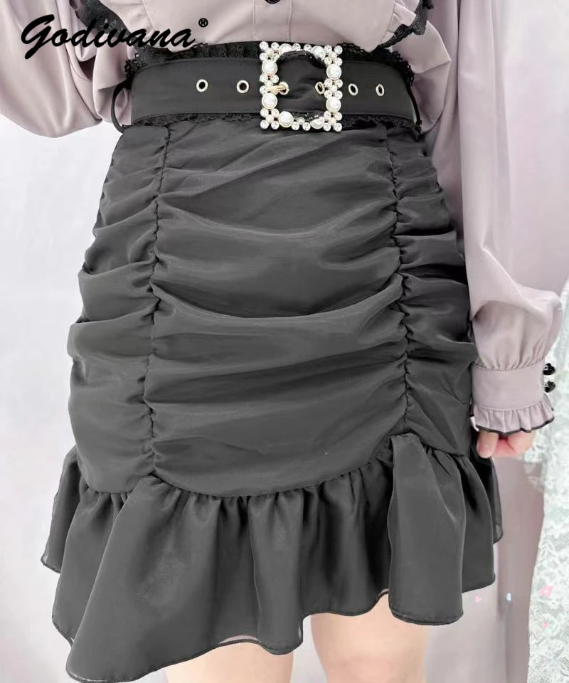 

Japanese Style Spring Summer High Waist Crimp Pleated Short Skirt Women's Sweet Black Sheath Skirts with Belt