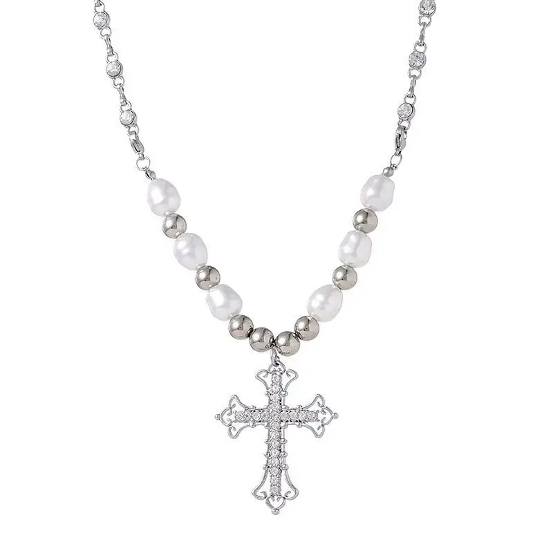 Zeshimb Faux Pearl Choker Necklace With Tiny Cross Pendant - Cubic Zirconia Y2K Jewelry For Women - View #7