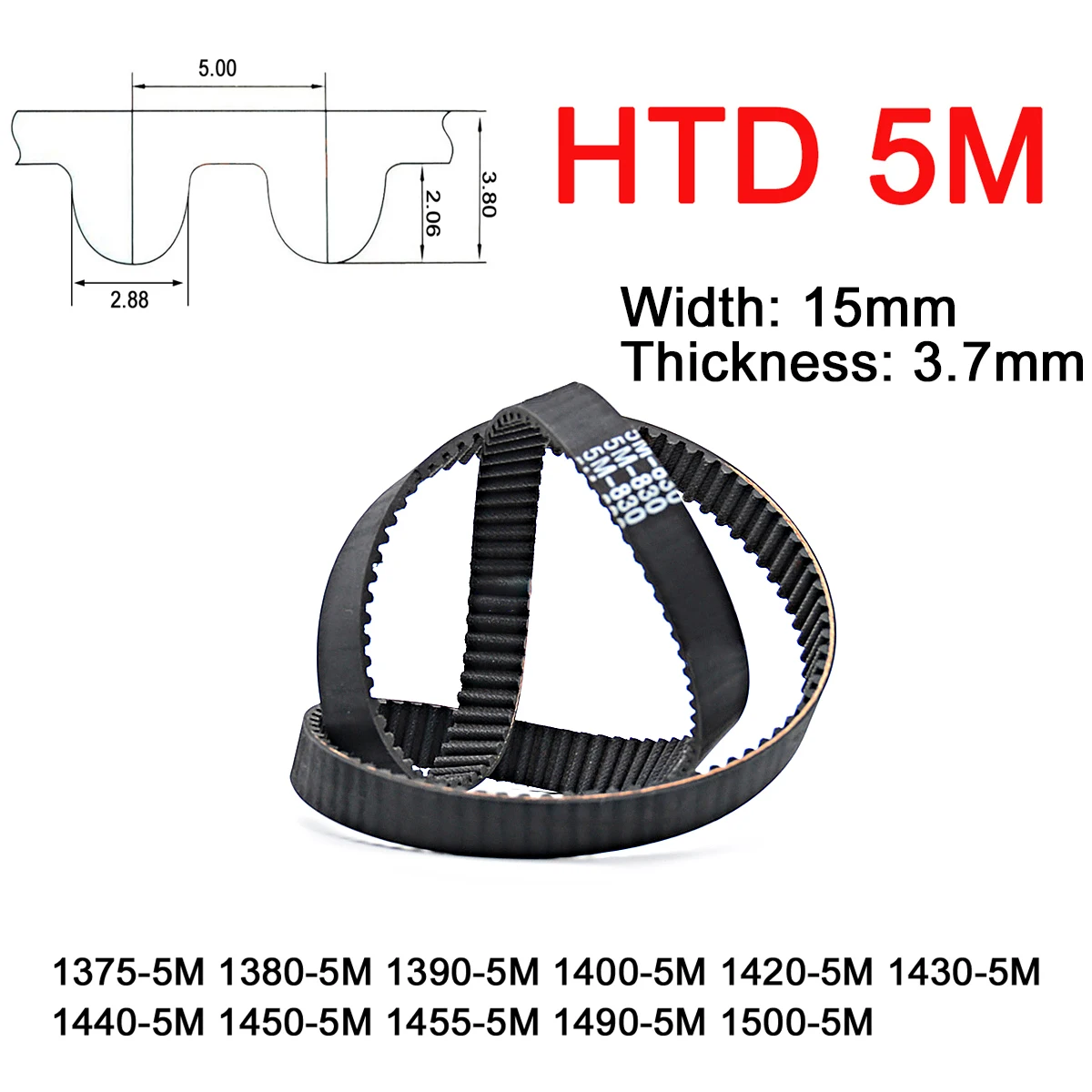 

1Pc Width 15mm 5M Rubber Arc Tooth Timing Belt Pitch Length 1375 1380 1390 1400 1420 1430 1440 1450 1455 1490 1500mm Drive Belt