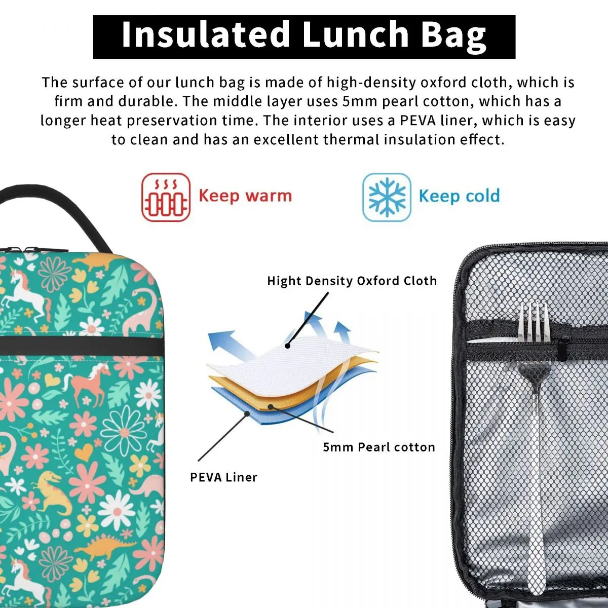 Cute Unicorn And Dinosaur Print Insulated Lunch Bags for Work School Portable Cooler Thermal Bento Box Women Children
