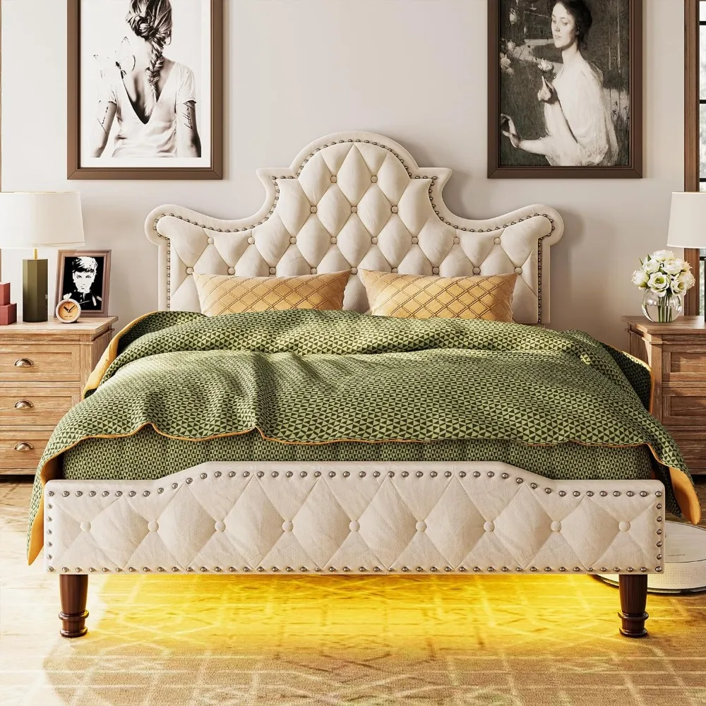 

Queen Size LED Bed Frame, Camas Queen with 58" Tall Tufted Headboard, Sturdy and Noiseless, No Box Spring Required, Cream