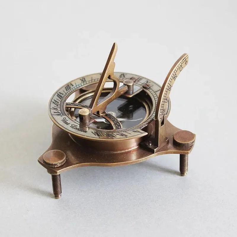 Indian Pure Copper Nautical Sundial with Compass, Retro Nostalgic, Antique Model, Marine Photography Props, Desktop Ornament