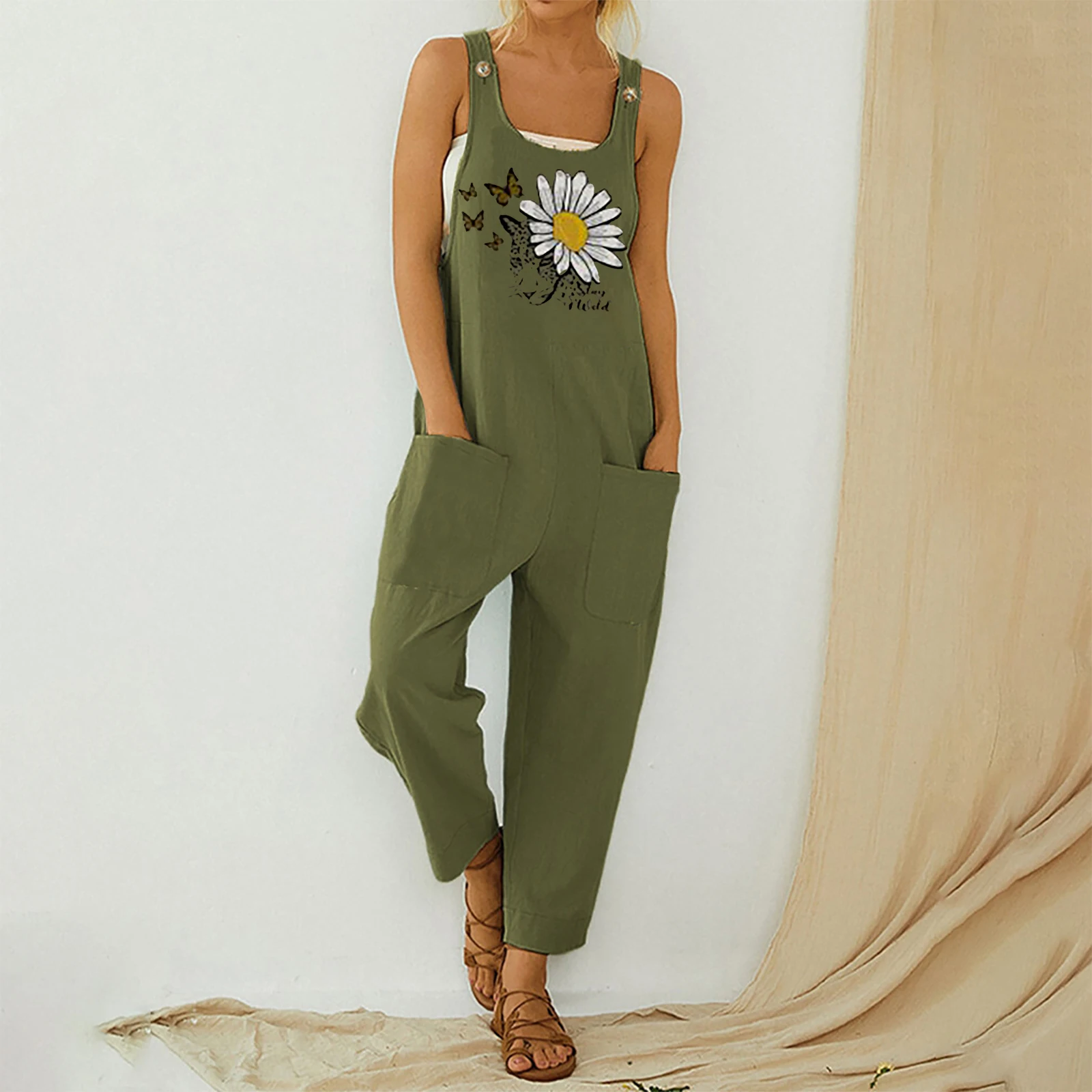 Women\'S Vintage Loose Cotton Linen Jumpsuit Solid Color U Neck Sleeveless Pocket Overalls Pants with Pocket Bibs Plus Size S-XXL