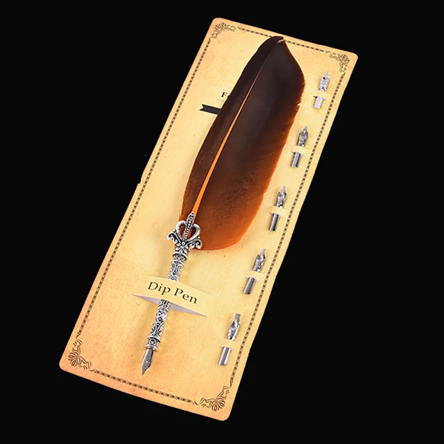 1 Set Feather Fountain Pen Calligraphy Pen Quill Oblique Fountain Luxury Pen Ink +5pcs Nib Metal for Fancy Font Office Supplies Orange