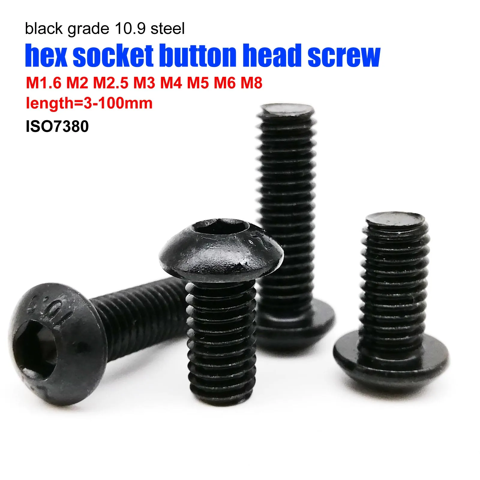 5/10/50 Stück ISO7380 M1,6 M2 M2,5 M3 M4 M5 M6 M8 Schwarz Güteklasse 10,9 Stahl Sechskant Innensechskant Knopf Rundkopfschraube L = 3–80 mm