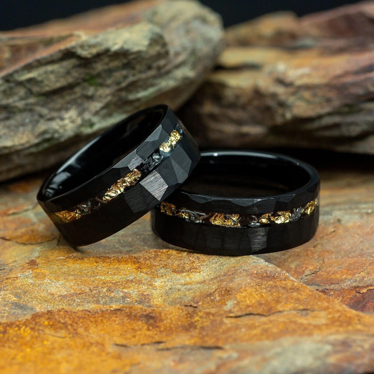 8mm Meteorite Gold Leaf Black Tungsten Carbide Rings For Men, Wedding Engagement Band