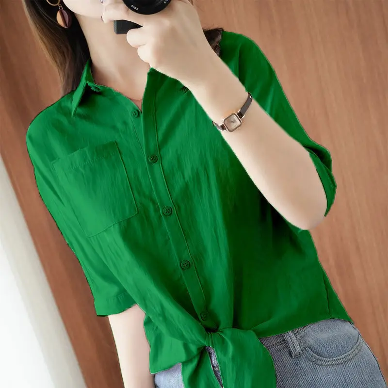 Summer Polka Dot Button Lacing Blouse Polo Neck Short Sleeve Loose Irregular Solid Office Shirts Vintage Casual Women Clothing