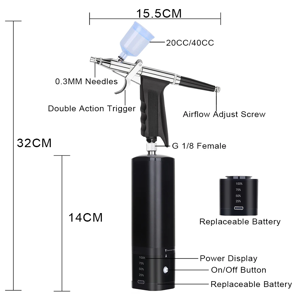 Personal Cordless Airbrush with Compressor Kit Replace Battery Noiseless High Power Type C USB Pneumatic Tool