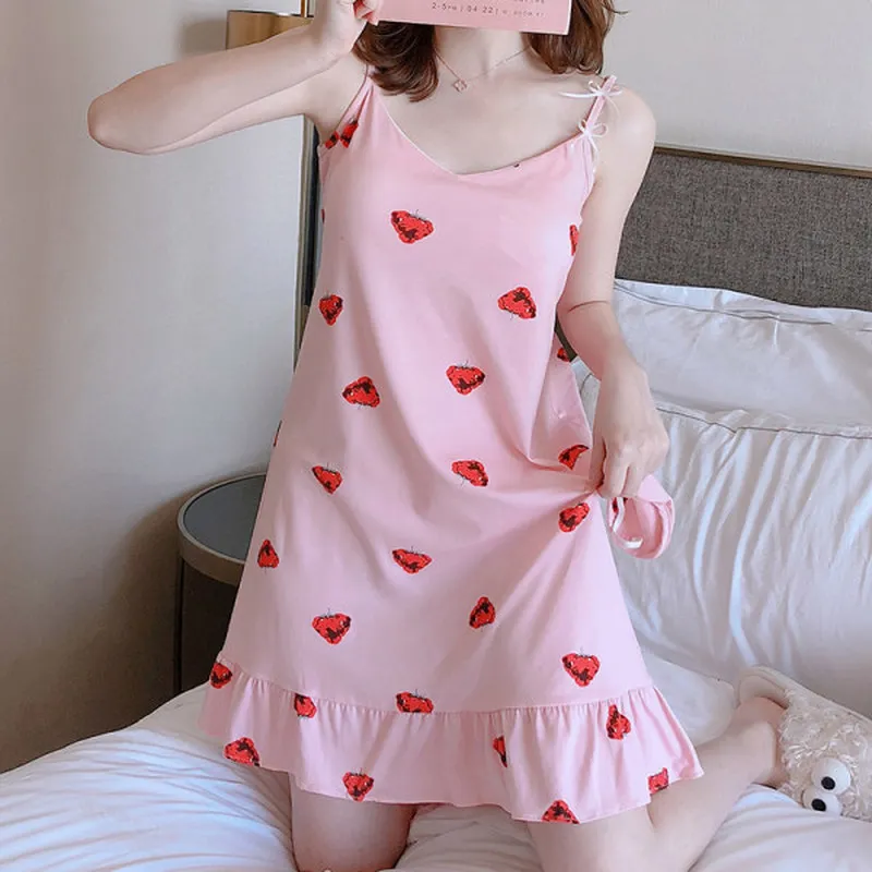 Summer Women Nightdress Sling Sleepshirt Sleeveless Sleep Tops Girls Sex  cartoon print Sleepwear with Chest Pad Pijama Nightwear