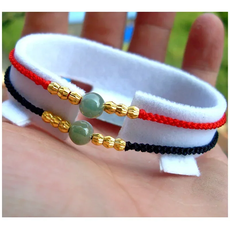 

1pcs Pure Gold 999 Flash Bead Red String Bracelet For Women Female DIY Jade Beads 6.3inchL Couple Lover Black Rope Chain