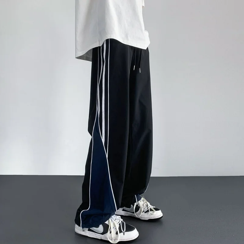 High Street Trendy Casual Pants Men's Solid Side Stripe Patchwork Drawstring Pocket Waterproof Outdoor Sports Straight Trousers