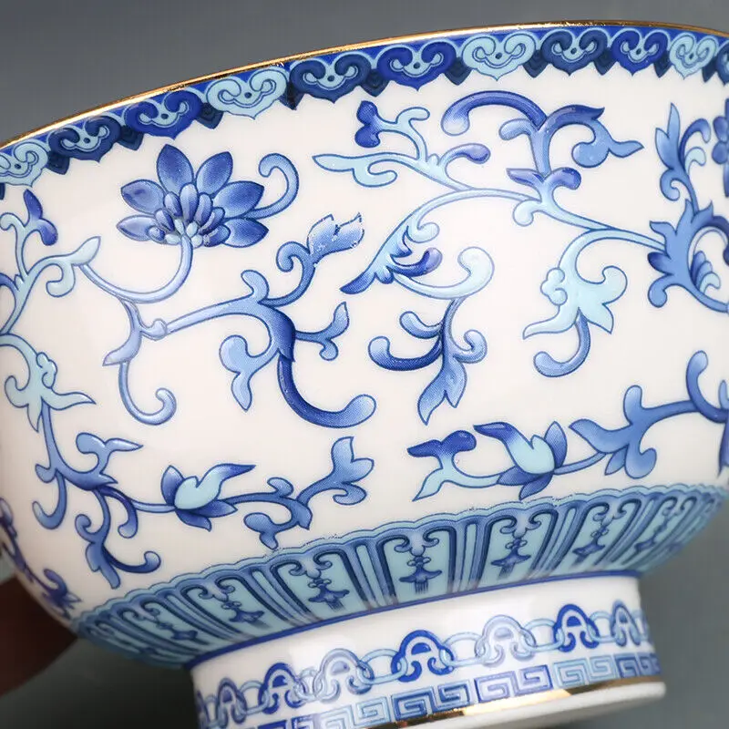 4.7" Collection Chinese Qing Blue-and-white Porcelain Lotus Flower Spray Bowl 3