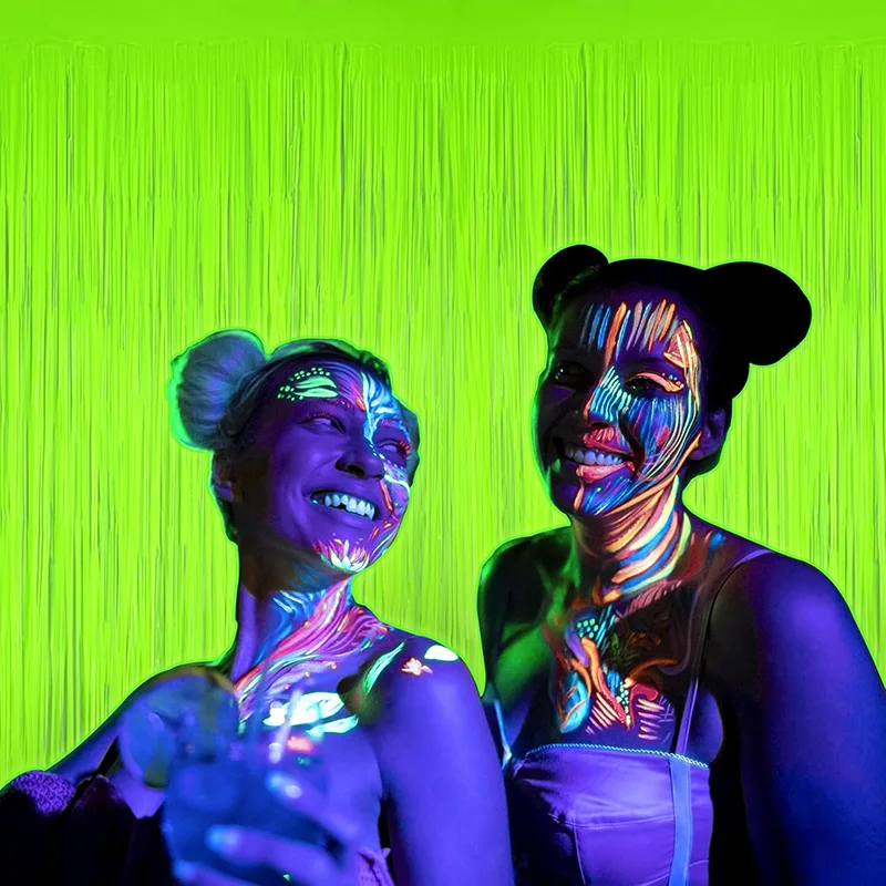 Glow Party Neonfolie Fransen Vorhang Hintergrund Alles Gute zum Geburtstag Papier Banner Girlande UV Schwarz Licht leuchten im Dunkeln Dekoration – Detail 4