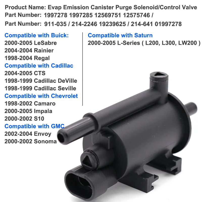Vapor Canister Purge Solenoid Valve 1997278 1997285 12569751 12575746 for Buick Cadillac Chevrolet GMC 911-035 214-2246 641-641 engine purge control valve