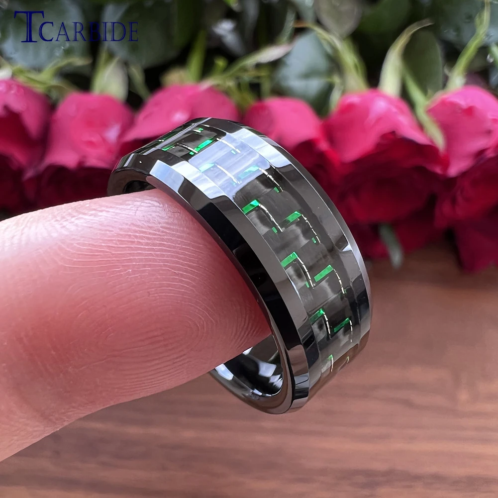6MM 8MM Carbon Fiber Ring Men Women Classic Tungsten Wedding Band Beveled Polished High Quality Comfort Fit