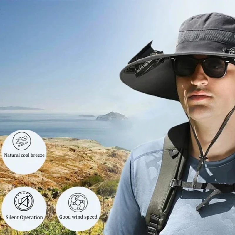 New Fashion Men's Wide Wing Solar Fan Cap USB Solar Fan Adjustable Outdoor Beach Fishing Cap