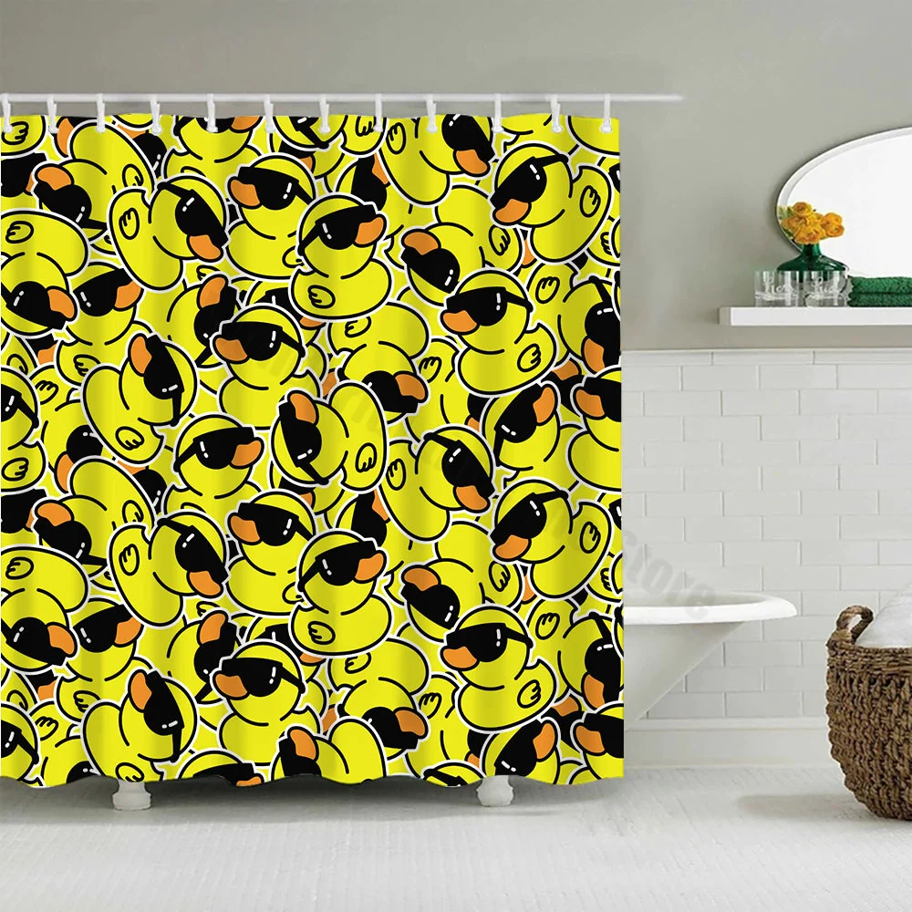 Cute Little Yellow Duck Shower Curtain Cartoon Funny Smiley Face Bathroom Waterproof Bath Duck Fabric 12 Hooks Bathroom Decor shower curtains