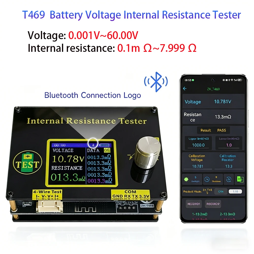 T469 고정밀 배터리 테스터 AC 4선 DC 5V BT 앱 제어 OTA 업그레이드 MODBUS OK/NG 출력 내장 18650 충전 시스템