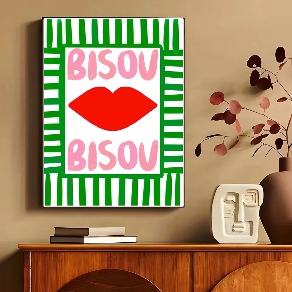 Bisou & More Amore Pink French Canvas Print Good Morning Good Night Kiss Wall Art Poster for Modern Living Room Home Decor Gifts