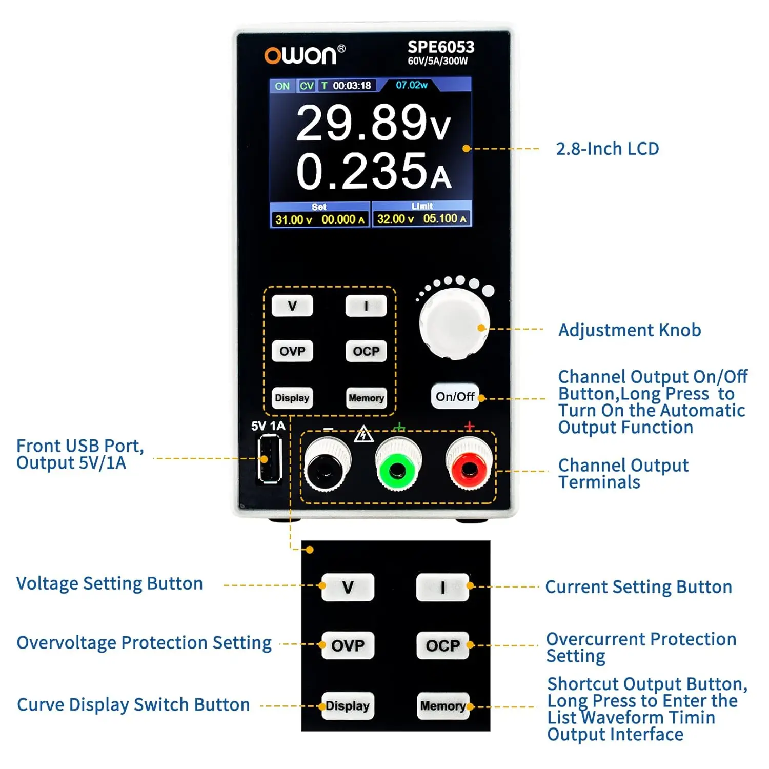 OWON 프로그래밍 가능 DC 전원 공급 장치, SPE6053 공급 300W 60V 5A 2.8인치 LCD 10mV/1mA, 해상도, 디지털 전압, 레귤레이터 스위치