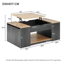 Table basse relevable 109,5 cm, cadre gris, table de salon moderne et élégante avec espace de rangement caché sous le plateau 1