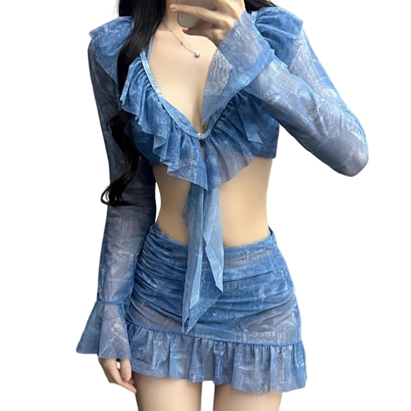 4 Pieces Swimsuit for Women Halters Swimming Suit Long Sleeves Swimwear with Cover Up & Beach Skirt Summer Bathing Suit