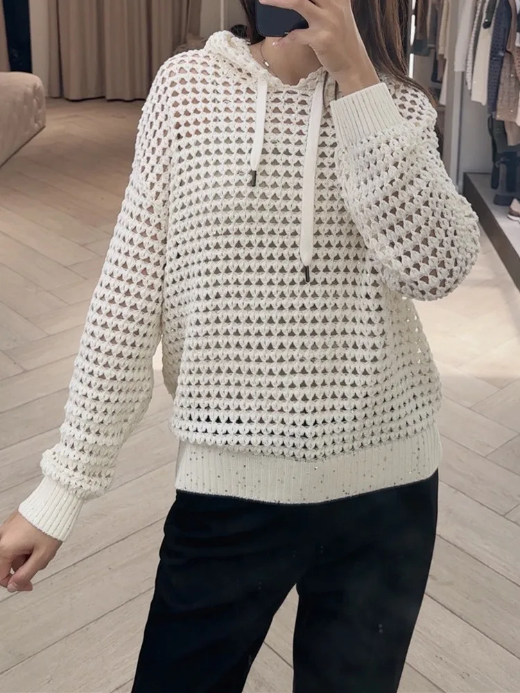 

Women's Sequin Hollow Out Sweater Hooded Drawstring Spring 2024 Casual Female Long Sleeve Loose Pullover