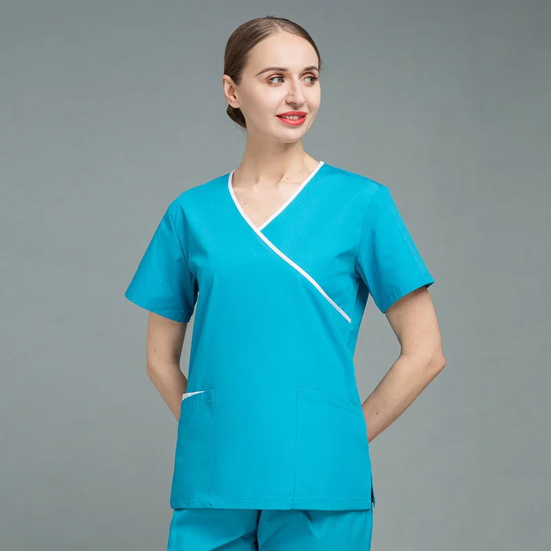 

Medical Scrubs Women Contrast Y Neck Top+Pants Hospital Nurse Uniform Beauty Center Spa Clothing
