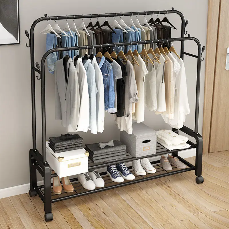 Clothes Rack Dual Pole Clothes Hanger Movable Wardrobe Stand for Shelves Home Furniture Standing Coat Sotrage Rack