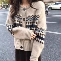 Crew Neck Printed Cardigan Sweater Women Autumn Winter New Knitted Long Sleeve Casual Coat Elegant Fall Korean Style Knitwear