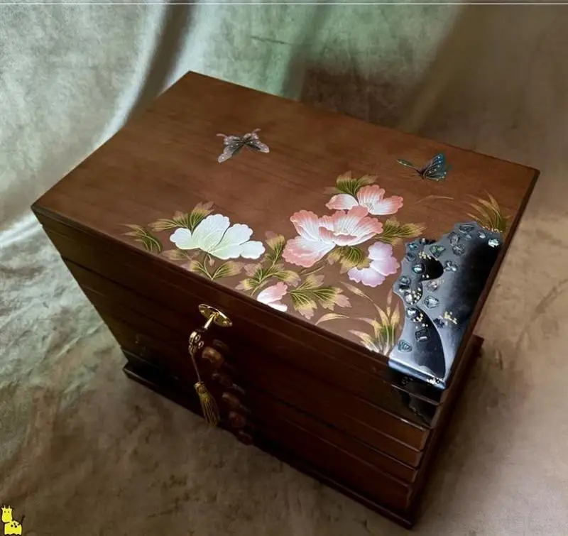 

Chinese Style Exquisite Wooden Flower Printed Lacquerware Jewelry Box Wedding Gift Box with Lock Multi Layers Storage Box