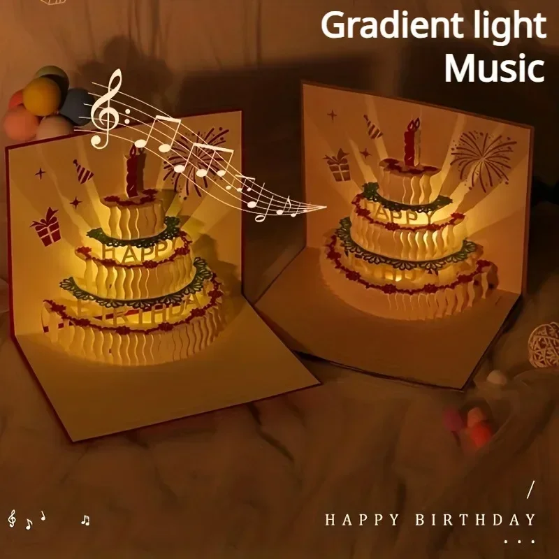 1PC Music Birthday Cards 3D Pop Up Colourful Light Musical Birthday Cake Happy Greeting Card