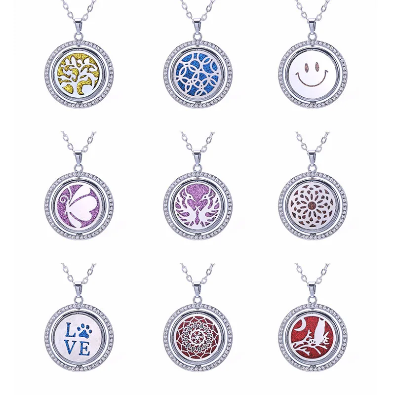 10Pcs/Lot Mix Fashion Rhinestone Rotate Essential Oil Diffuser Necklace Locket Pendant Aromatherapy Jewelry Gift Wholesale 2022