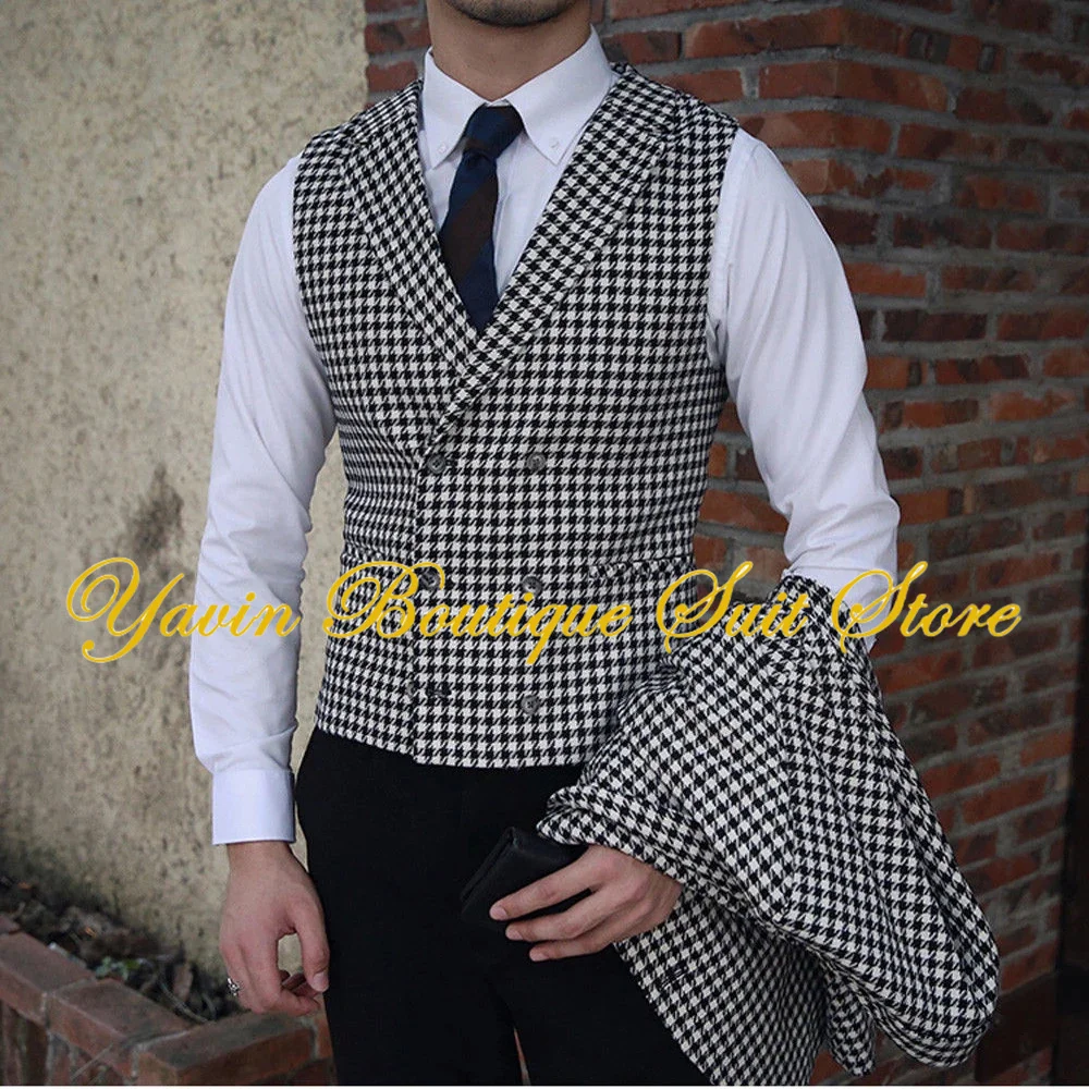 Black and White Plaid Men's Suit 3 Pieces Jacket Pants Vest Set Tweed Blazer Wedding Tuxedo Formal Man Suits 2