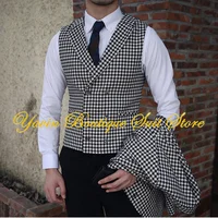Black and White Plaid Men's Suit 3 Pieces Jacket Pants Vest Set Tweed Blazer Wedding Tuxedo Formal Man Suits 2