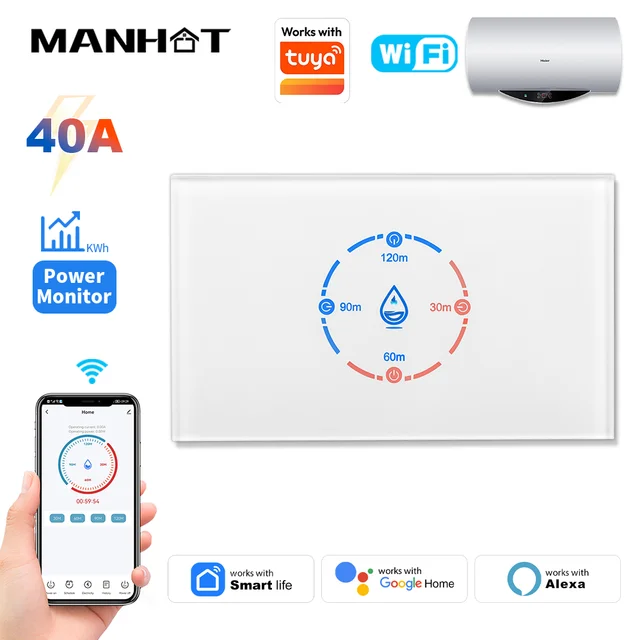 Chauffe-eau intelligent Wifi, interrupteur tactile, 40A, 8800W, norme américaine, application Smart Life, contrôle via l'application Tuya, compatible avec Alexa et Google Home 1