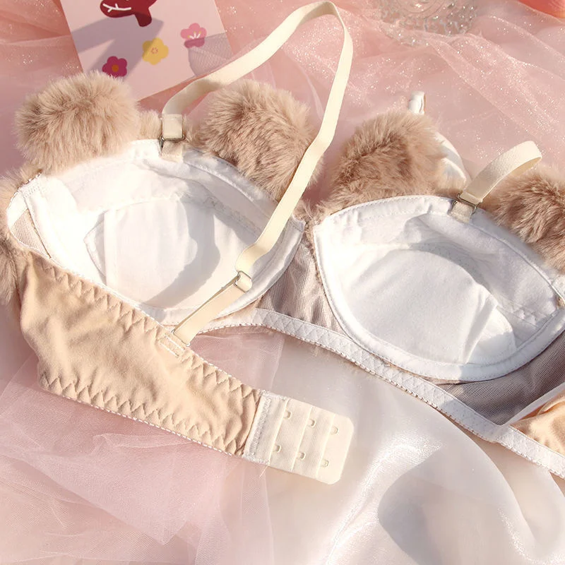 Autumn Winter Kawaii Lolita Bra and Panty Set Sexy Cute Bear Embroidery  Plush Cartoon Underwear Women