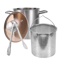 3L Stainless Steel Deep Fryer Pot with Mesh Steamer Basket and Lid (With tong)