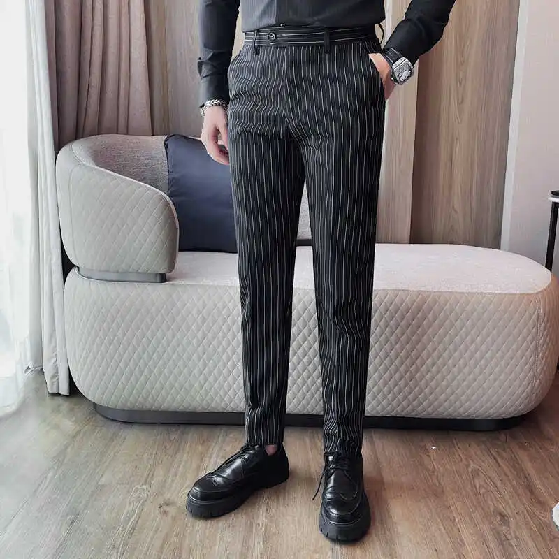 Men Suit Pants High Quality Korean Business Formal Wear Men's Office Trousers Slim Fit Casual Simple Striped Dress Pants Male 36