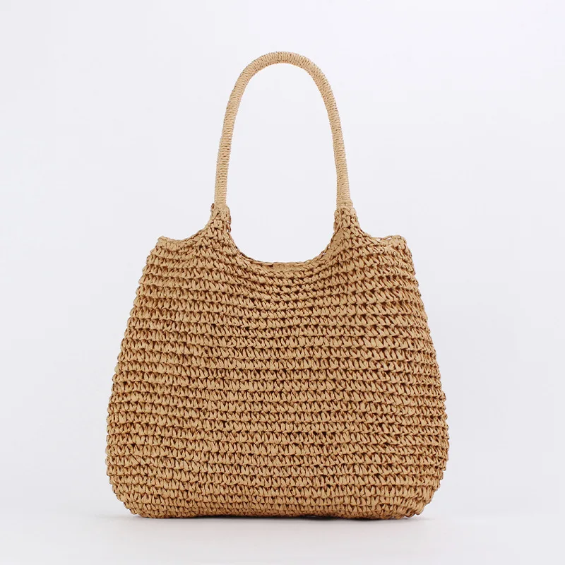 

Summer Solid Color Woven Handbag Fashion Versatile Zipper Straw Bag Large Capacity Commuting Tote Bag Vacation Beach Bag