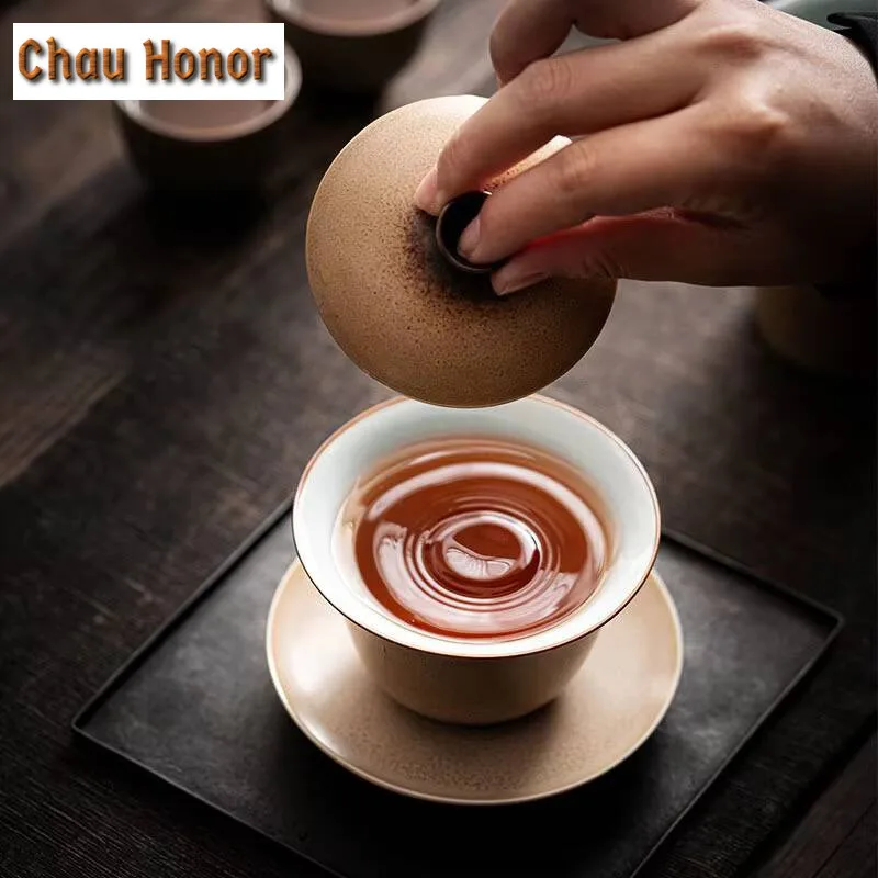 180ml Retro Kiln Change Coarse Pottery Gaiwan Aesthetic Tea Tureen Tea Bowl With Lid Kit Tea Brewing Cover Bowl Drinkware Gifts
