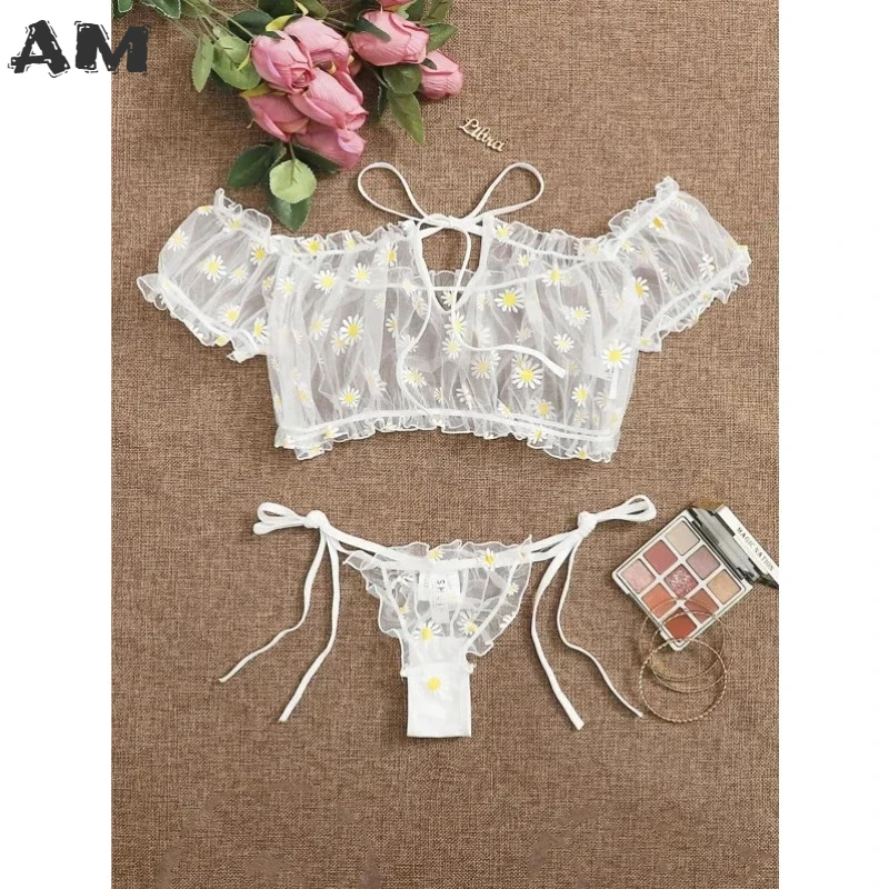 

Sexy Women's Underwear Lace Floral Wire Free Lingerie Set Off-Shoulder Small Chest Bralette+Thong Beachwear Transparent Bra Set